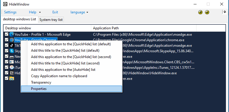 Individual window settings